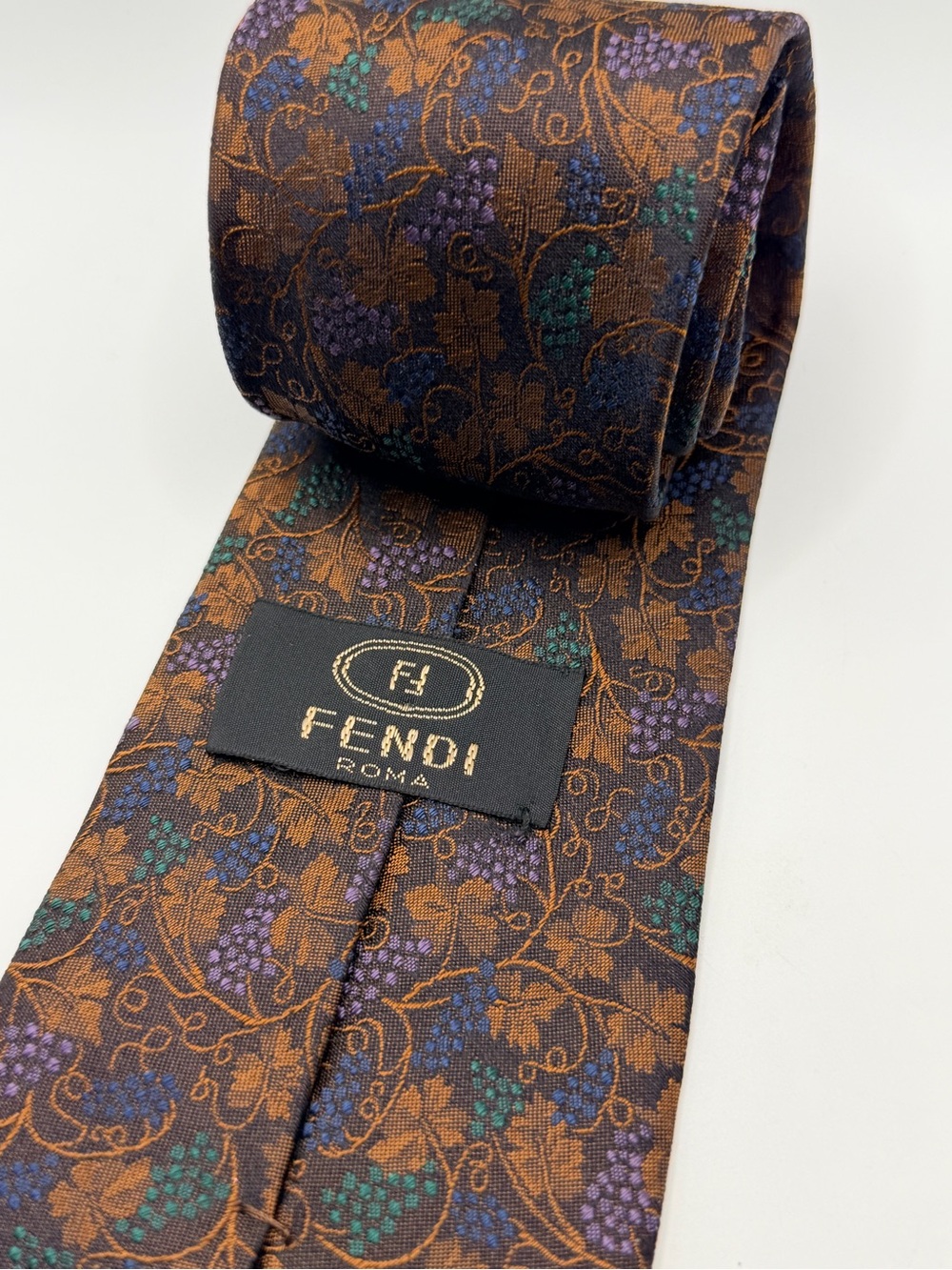 Fendi Brown Floral Jacquard Tie with Green & Purple Accents